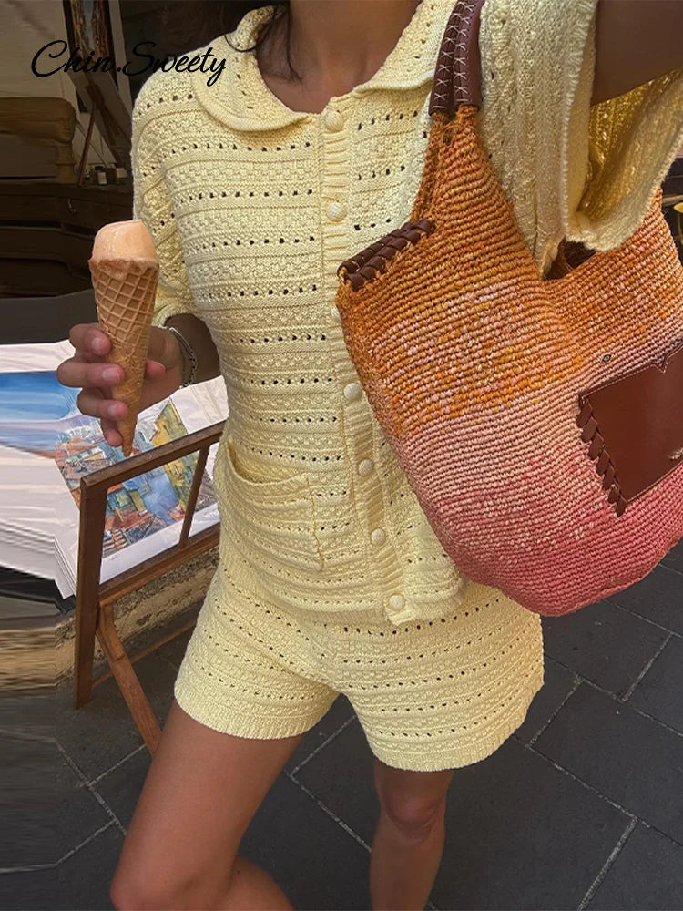Women’s 2-Piece Knitted Hollow Out Beach Set – Yellow Summer Lapel Shirt & Shorts Outfit 2025