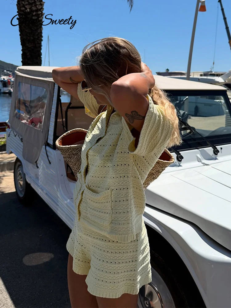 Women’s 2-Piece Knitted Hollow Out Beach Set – Yellow Summer Lapel Shirt & Shorts Outfit 2025