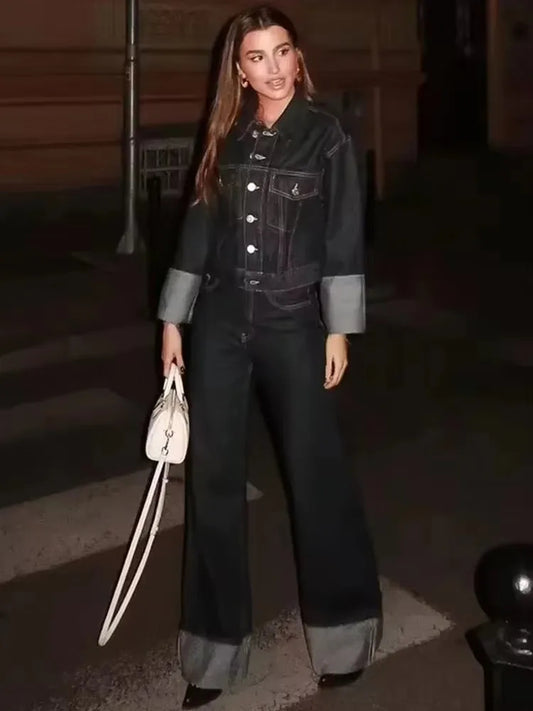 Women Vintage Denim Jacket Pant Sets